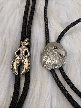 Source Unknown Black Bolo Tie Set with Silver Cowboy and Eagle Accents